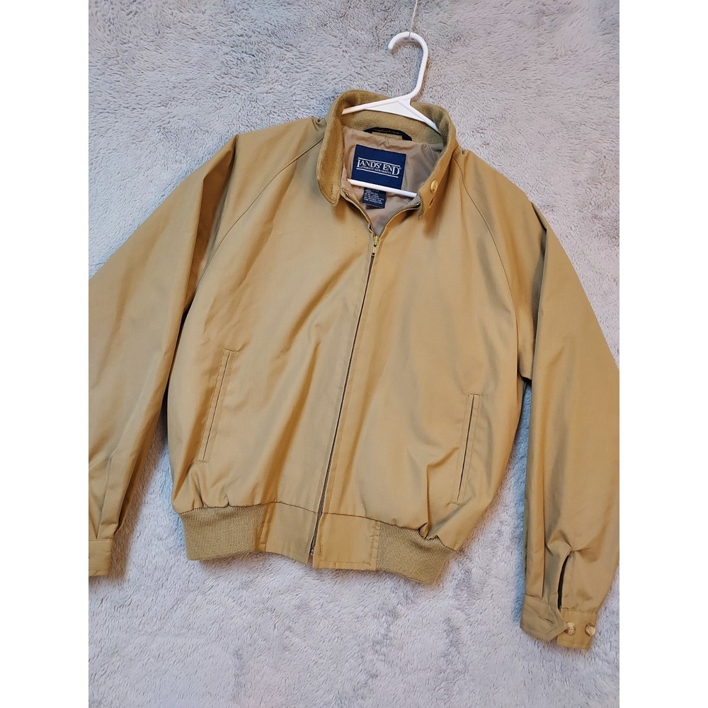 Vintage Lands End Bomber Jacket Mens Medium Full Zip Lined Beige Aviator Pockets